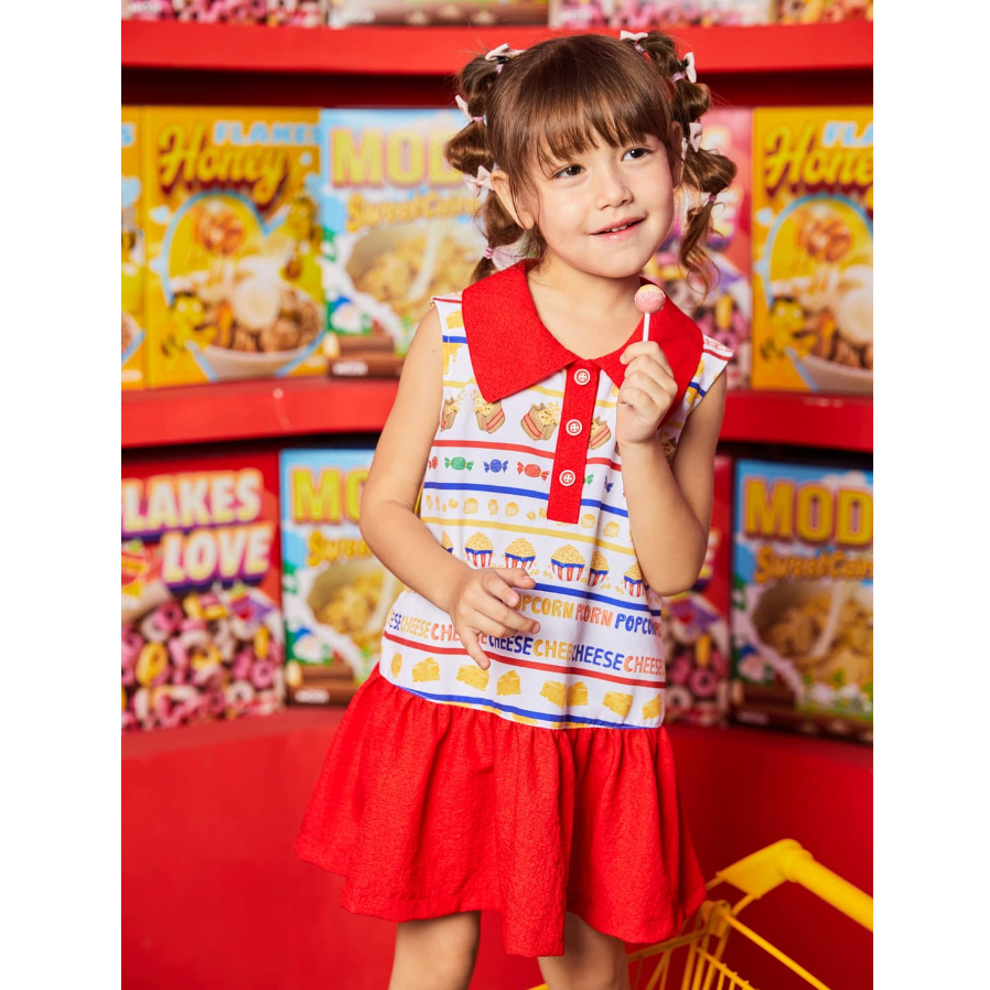 NIKI BEBE- เดรสลูกสาว แขนกุดสีแดง Oh! My Popcorn and Cheese Collection