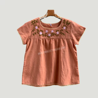 เสื้อผ้าฝ้ายผู้หญิง สวมใส่ง่ายสบายๆ งานปักมือน่ารัก งานถักโครเชต์ คอยูแขนสั้นใส่ทำสวน ปลูกดอกปลูกต้นไม้เข้าครัว