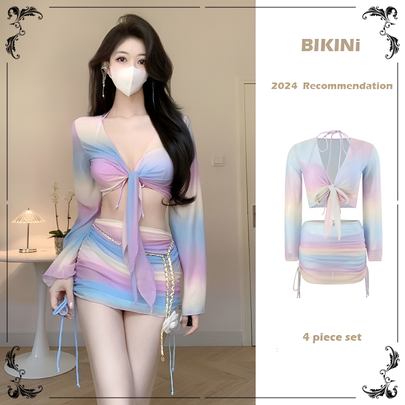 พร้อ​มส่ง ชุดว่ายน้ำแฟชั่น ชุดว่ายน้ำ 4 ชิ้นชุดว่ายน้ำแขนยาว บิกินี่ + ผ้าทูล + ชุดคลุม