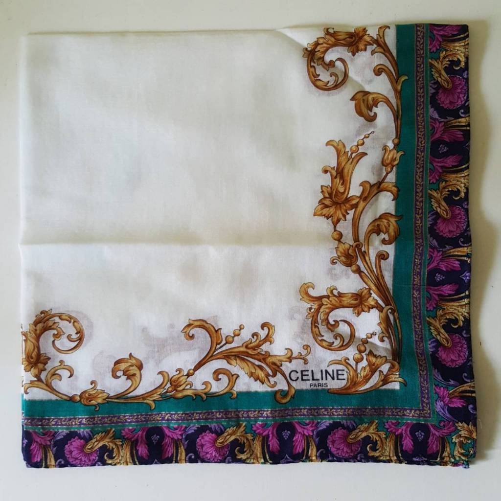 ผ้าเช็ดหน้า Celine Paris Vintage Handkerchief ผ้าฝ้าย 100% ของแท้ มือสอง