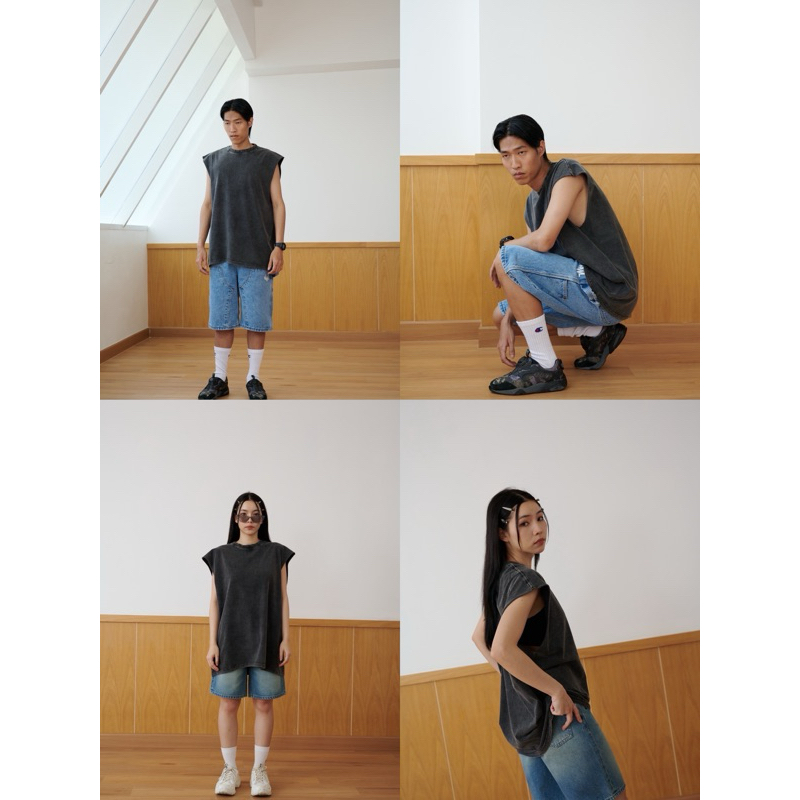 hmwe shop เสื้อยิด แขนกุด งานผ้าฟอก ทรง Oversizeลายวง ลายวินเทจ ไม่มีสกรีนหน้าหลัง ซักไม่ยืด Sise อก 44-46" ยาว 29"