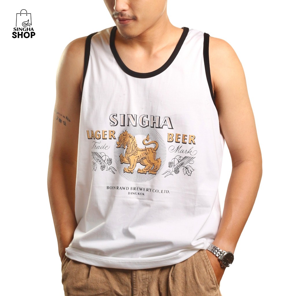 เสื้อกล้ามสีขาว  ลายสิงห์สีทอง