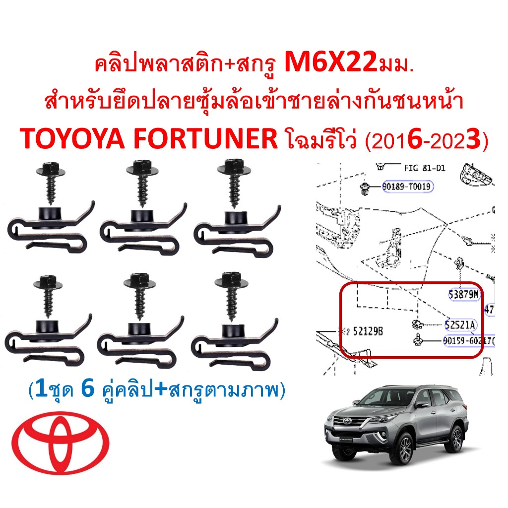 SKU-A722(1ชุด6คู่คลิปสกรู)คลิปพลาสติก+สกรู M6X22มม.สำหรับยึดปลายซุ้มล้อเข้าชายล่างกันชนหน้า TOYOYA FORTUNER(2016-2023)