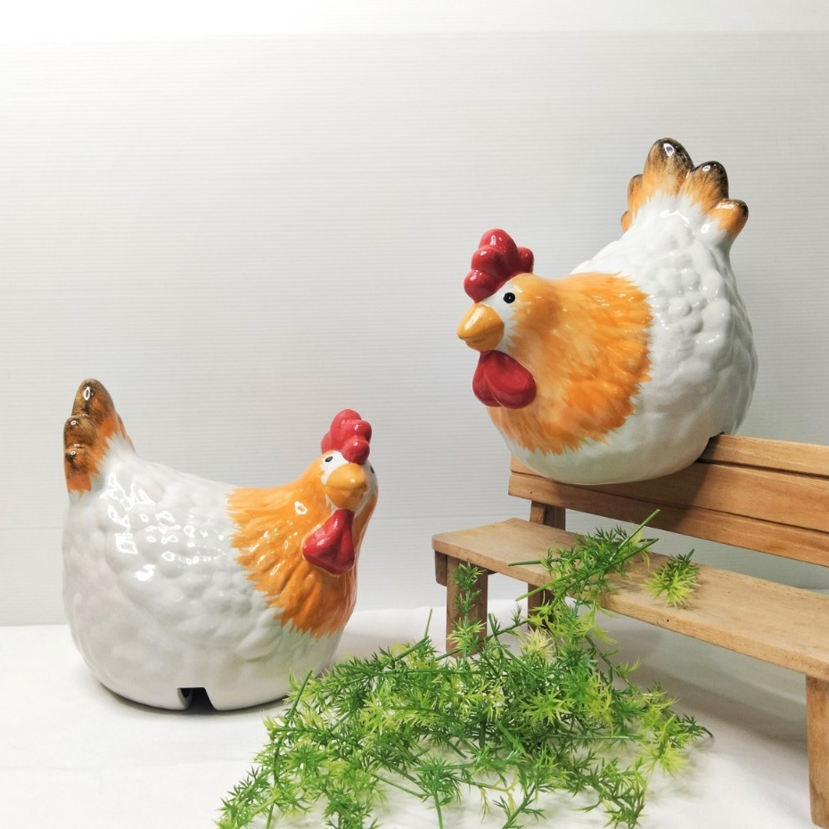 ตุ๊กตาเซรามิค ตุ๊กตาจัดสวนหย่อม ตุ๊กตาจัดสวน ไก่เซรามิค สไตล์มินิมอล 9นิ้ว เซ็ท 2ตัว ไก่แจ้คู่ ไก่เกาะรั้ว