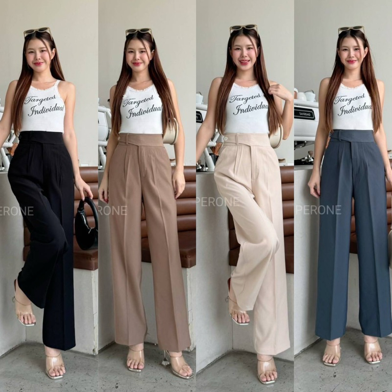 S-XXXL กางเกงขากระบอกกลาง แต่งหูเข็มขัดอินธนู 1กระดุม ตะขอหน้า มีกระเป๋า2ข้างเอวสูงทรงสวย