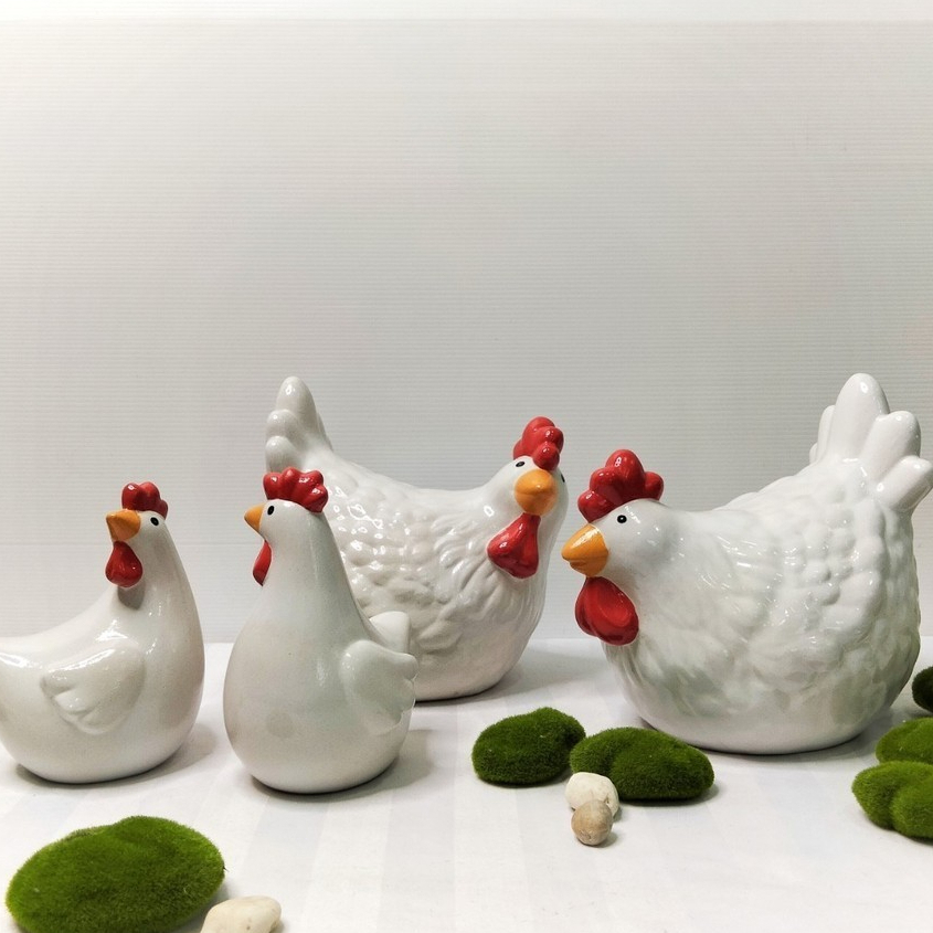 ไก่แต่งสวน ไก่เซรามิค สัตว์แต่งสวน ตุ๊กตาไก่ ชุด 4 ตัว ไก่แจ้ ตุ๊กตาไก่เซรามิค  ขนาดลูก 4.5นิ้ว แม่8.5นิ้ว สไตล์มินิมอล – โปรปัง