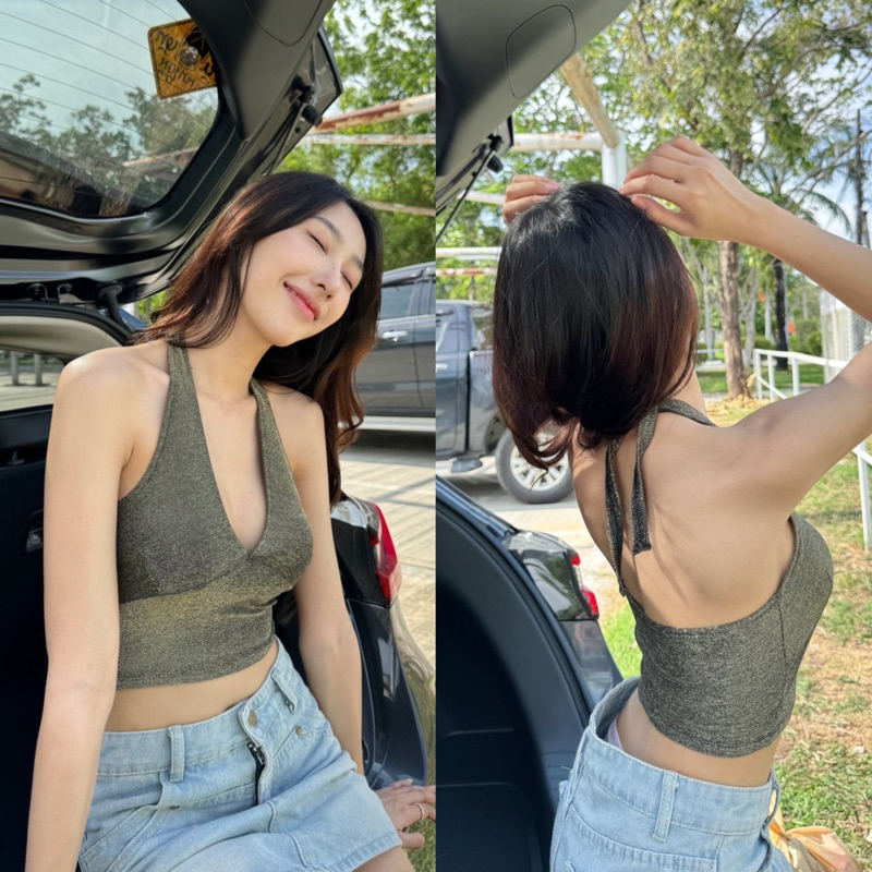 เสื้อครอป คอวี สายผูก ผ้าสีแฟลช