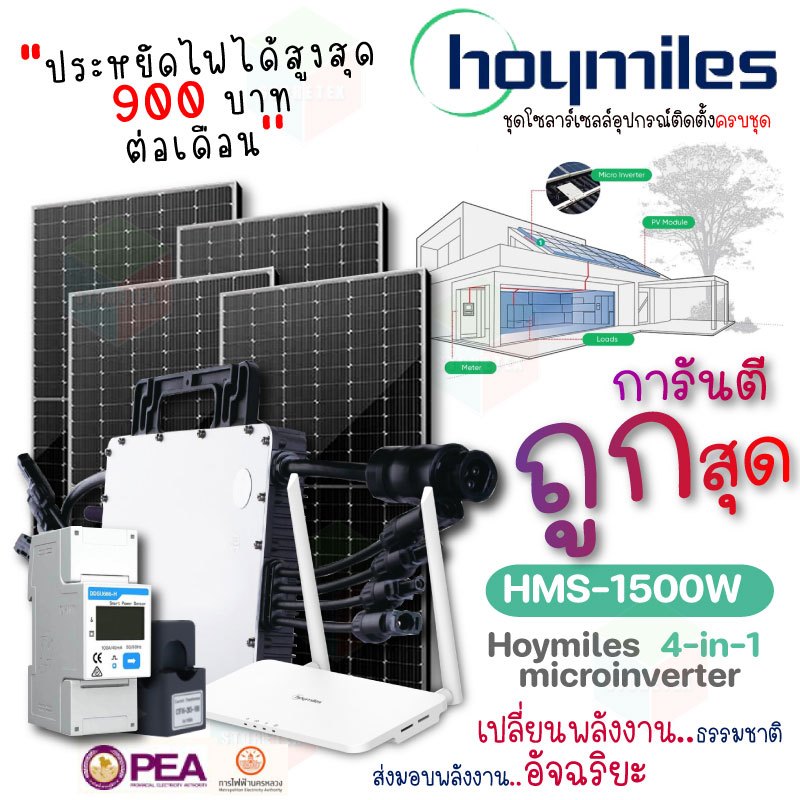 Hoymiles ชุดไมโครอินเวอร์เตอร์ 1500W+(DTU+Smart meter) แผง420W Mono Half Cell 4 แผง