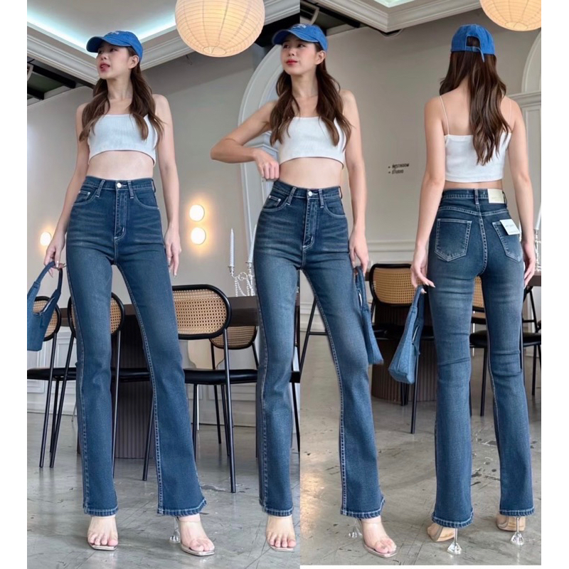 กางเกงยีนส์ขาม้า เอวสูง ผ้ายืด สียีนส์สนิมเข้ม ใส่สบาย ใส่แล้ว ขาดูยาว สูง พรางหุ่นดูผอมสวย