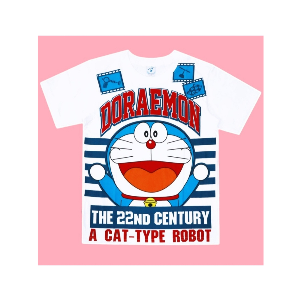 เสื้อยืดสีขาว คอตตอน เสื้อผ้าลายการ์ตูนลิขสิทธิ์แท้ ผู้หญิง/ผู้ชาย เสื้อแขนสั้น Doraemon โดราเอมอน แ