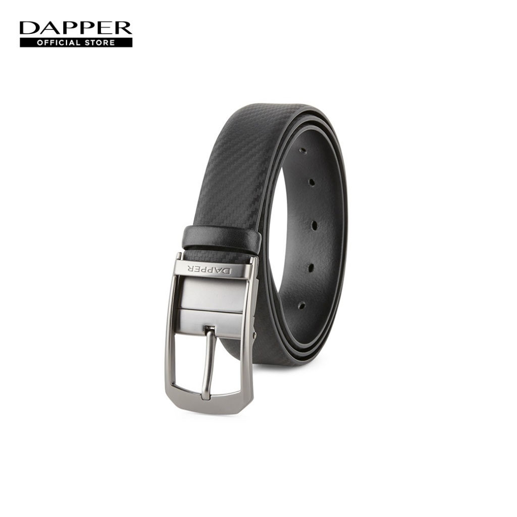 DAPPER เข็มขัดหนังแท้ Carbon Fiber Reversible Pin Buckle Belt แบบใส่ได้ 2 ด้าน สีดำ (BBC/BK/1285PN3)