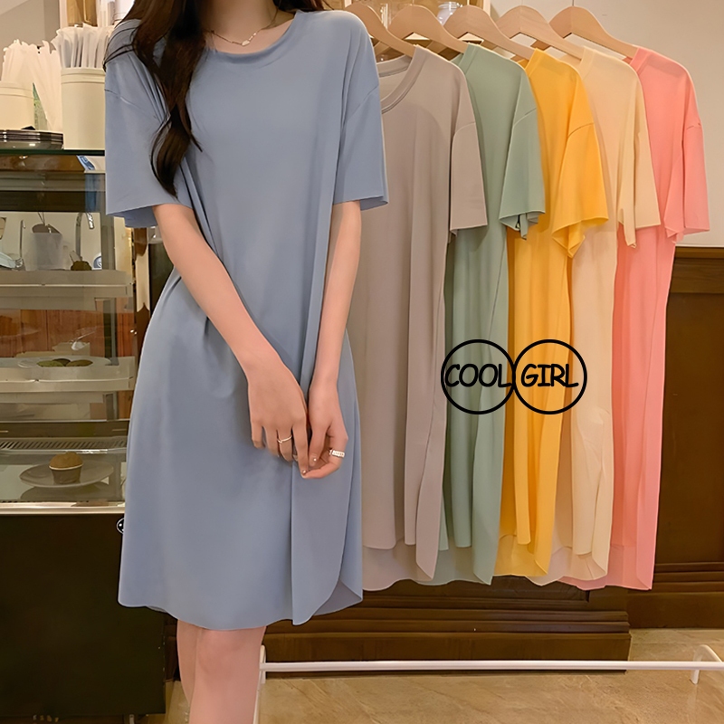 ชุดนอนผู้หญิง🌜ชุดนอน กระโปรงยาว บ้าน สีทึบ เรียบง่าย แขนสั้น คอกลม เนื้อผ้าระบายอากาศได้ดี 6 สี H9294