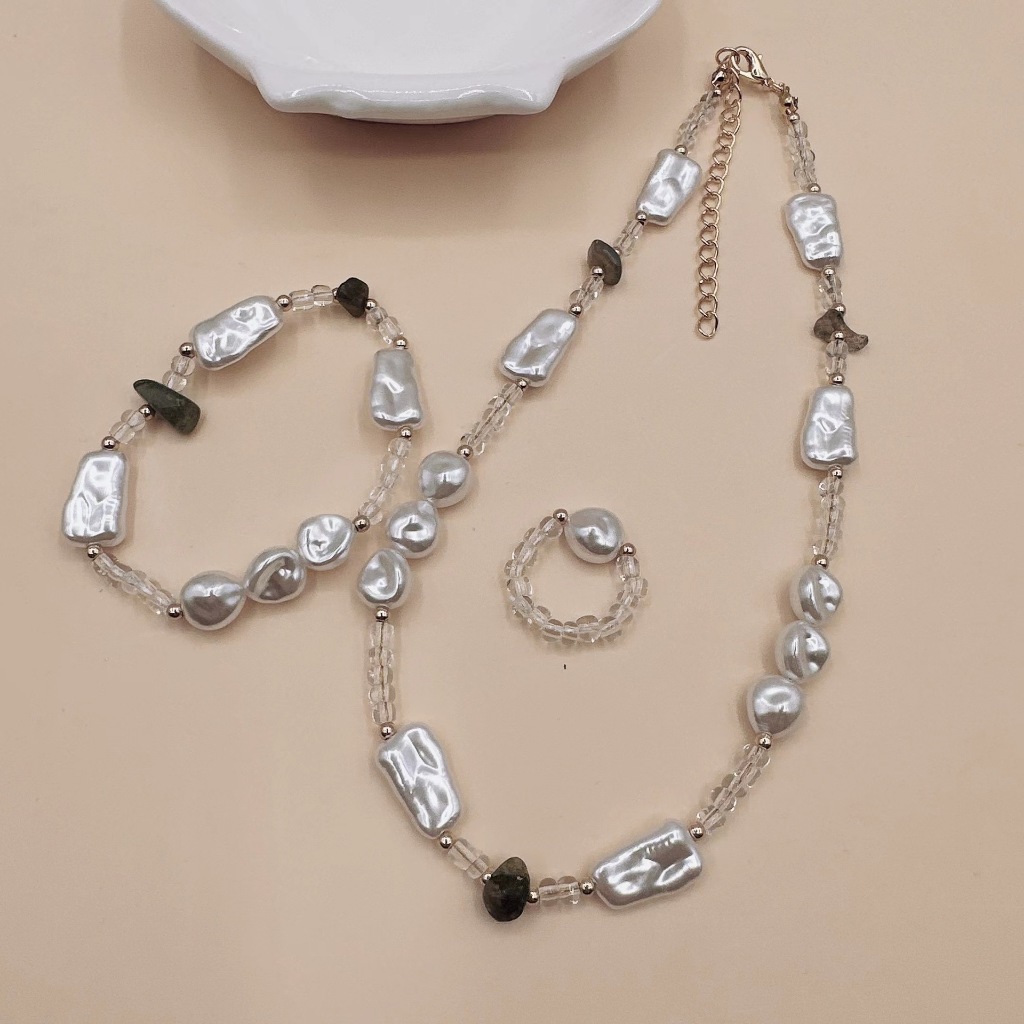 Fashion Stone Necklace Set เซ็ทสร้อยคอ+ข้อมือ+แหวน จี้หินแฟชั่นสีเงิน