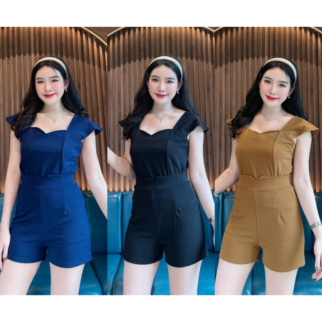 พร้อมส่ง ชุดเซตผ้าวูลเวฟ เสื้อแขนกุดอกทรงหัวใจ+กางเกงเอววี (F15,F35) A3988