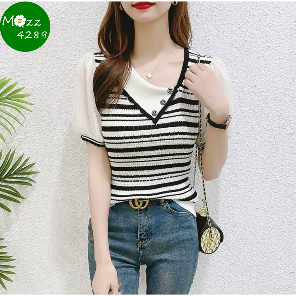 MQzz4289 *พร้อมส่ง* เสื้อยืดแขนสั้น ดีเทลลายทาง ใส่สบาย Freesize