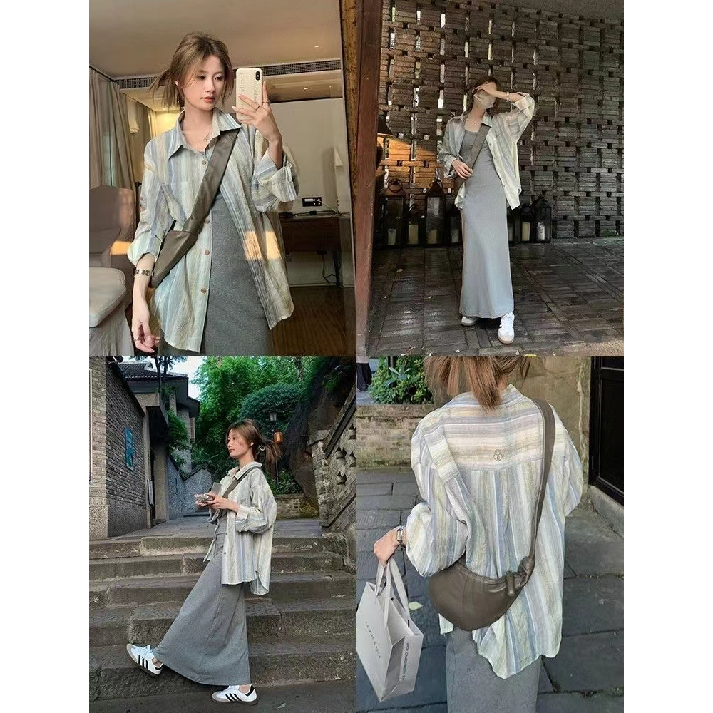 fashiongirl1688 เสื้อเชิ้ตแขนยาว ลายทาง สไตล์วินเทจๆ เกาหลี ใส่คลุมกันแดด กันลม น่ารักมากๆ พร้อมส่ง