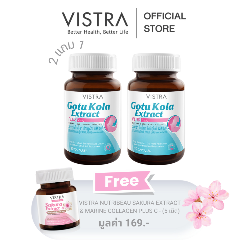 [ซื้อ 2 แถม 1] VISTRA GOTU KOLA EXTRACT PLUS ZINC 30 CAPS 16.5 กรัม สารสกัดจากใบบัวบก + Free Sakura 5 Tabs มูลค่า 169.-
