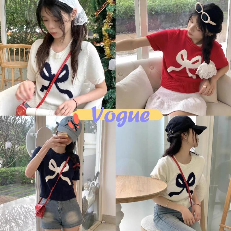 Vogue🌟พร้อมส่ง🌟 เสื้อยืดไหมพรมแขนสั้น คอกลม ดีเทลปักลายโบว์ มีสามสี (42CX35)