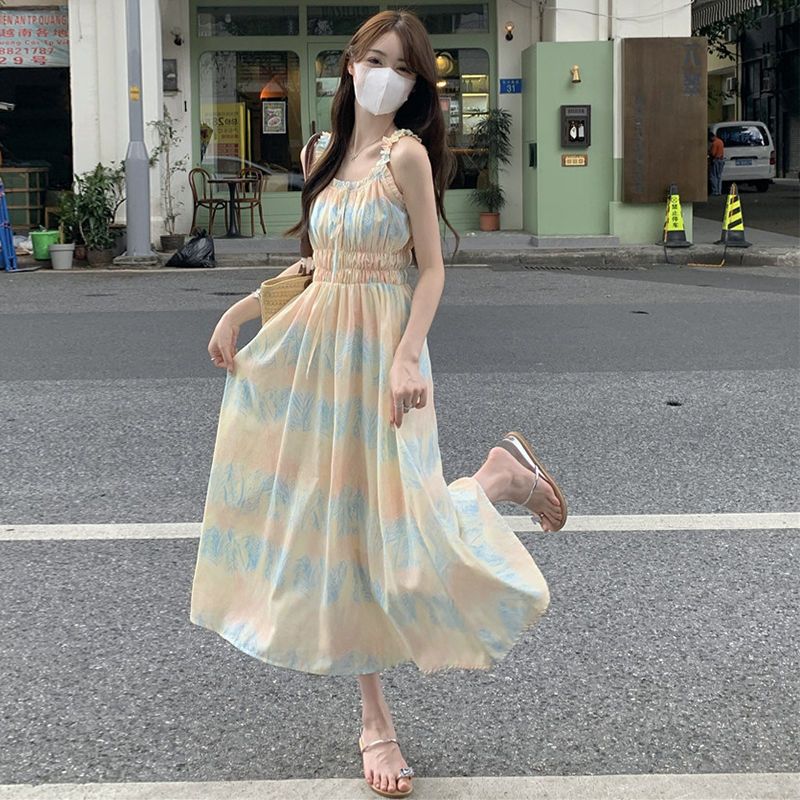ชุดเดรสยาว ชุดเดรสสไตล์ฝรั่งเศส พิมพ์ลาย เหมาะสำหรับใส่เที่ยวทะเล