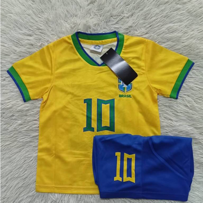 ชุดกีฬาเด็ก ใส่เล่นกีฬา ทีมบราซิล Brazil เสื้อ+กางเกง สกรีนเบอร์10ชื่อเนย์มาร์ ป้ายงานปัก ราคาถูก ใส่สบาย