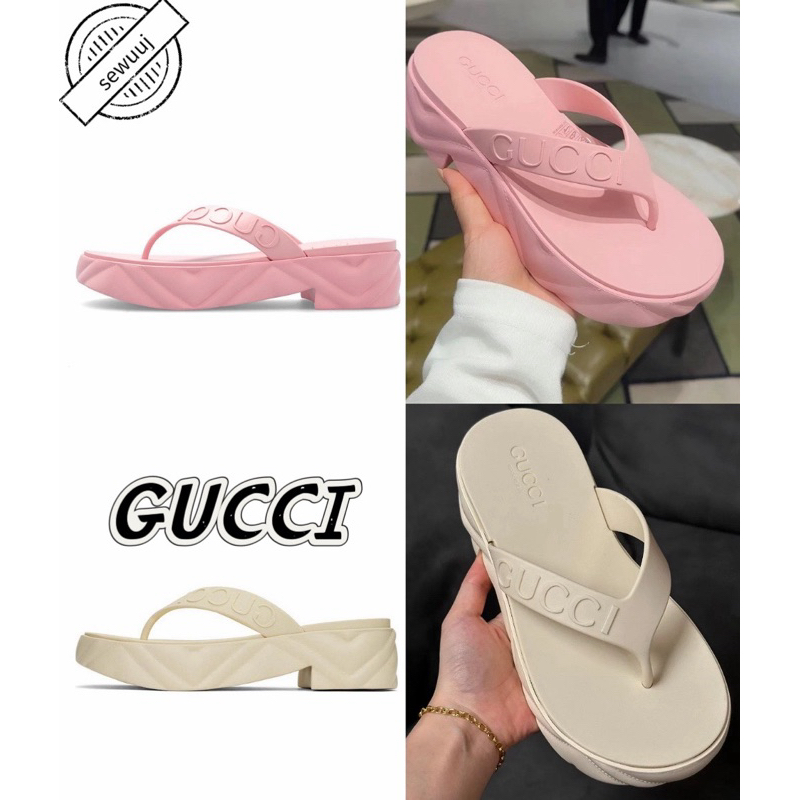 รองเท้าแตะยาง GUCCI ของแท้ รองเท้าแตะแฟชั่นพื้นหนาสำหรับผู้หญิง