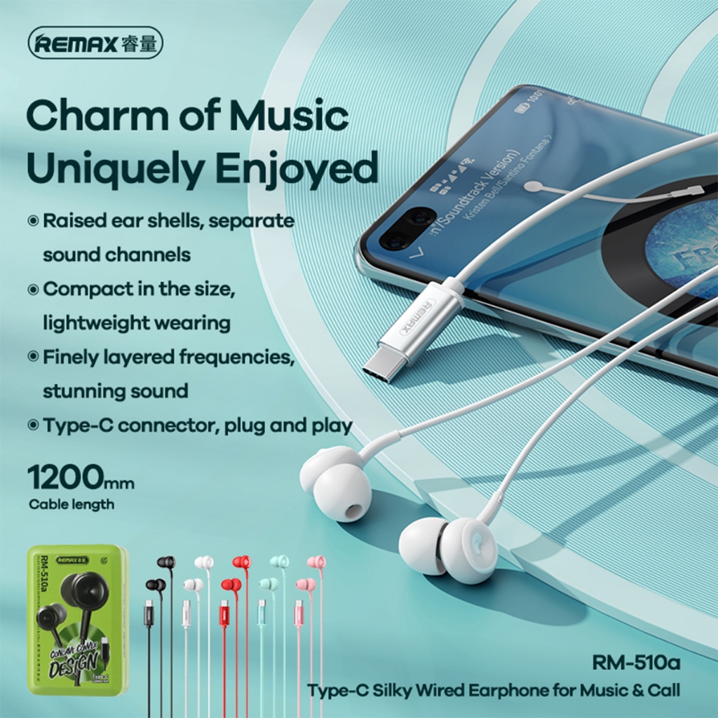 Remax Type-c and Lightning หูฟังแบบมีสายสำหรับฟังเพลง และโทร RM-510