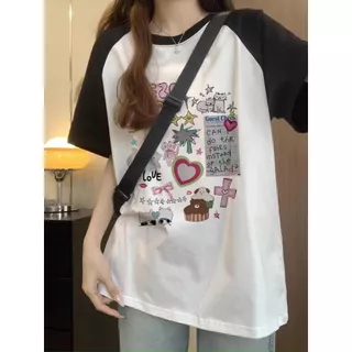เสื้อยืดลายเท่ๆผู้หญิง สตรีทสีทูโทนม้าก oversize เสื้อผ้าสาวอวบวัยรุ่นแฟชั่น ทรงหลวม สไตล์เกาหลี เสื้อโอเวอร์ไซส์ววินเทจ
