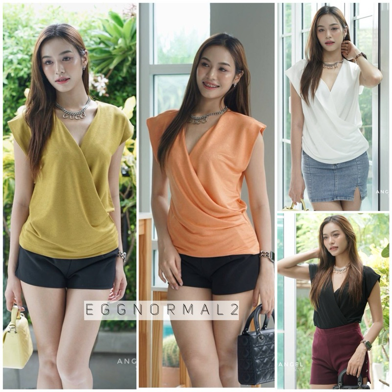 ANGEL STYLE T215 เสื้อยืดคอถ่วงป้ายหน้า ผ้าคัตตอลผสมซิลก์