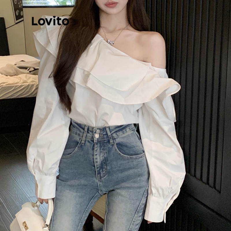 Lovito เสื้อปาดไหล่สีขาวสาวอวบ size L