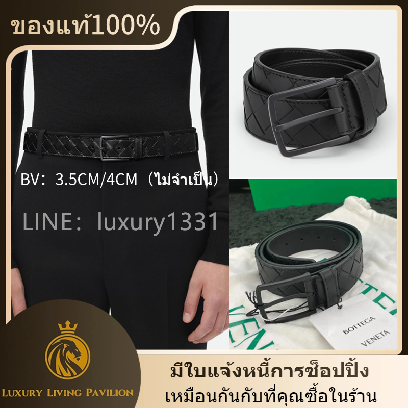 👜ซื้อฝรั่งเศส Bottega Veneta Intrecciato Belt3.5CMเข็มขัดผู้ชาย สีดำ การรับประกันร้านค้าพิเศษแบรนด์