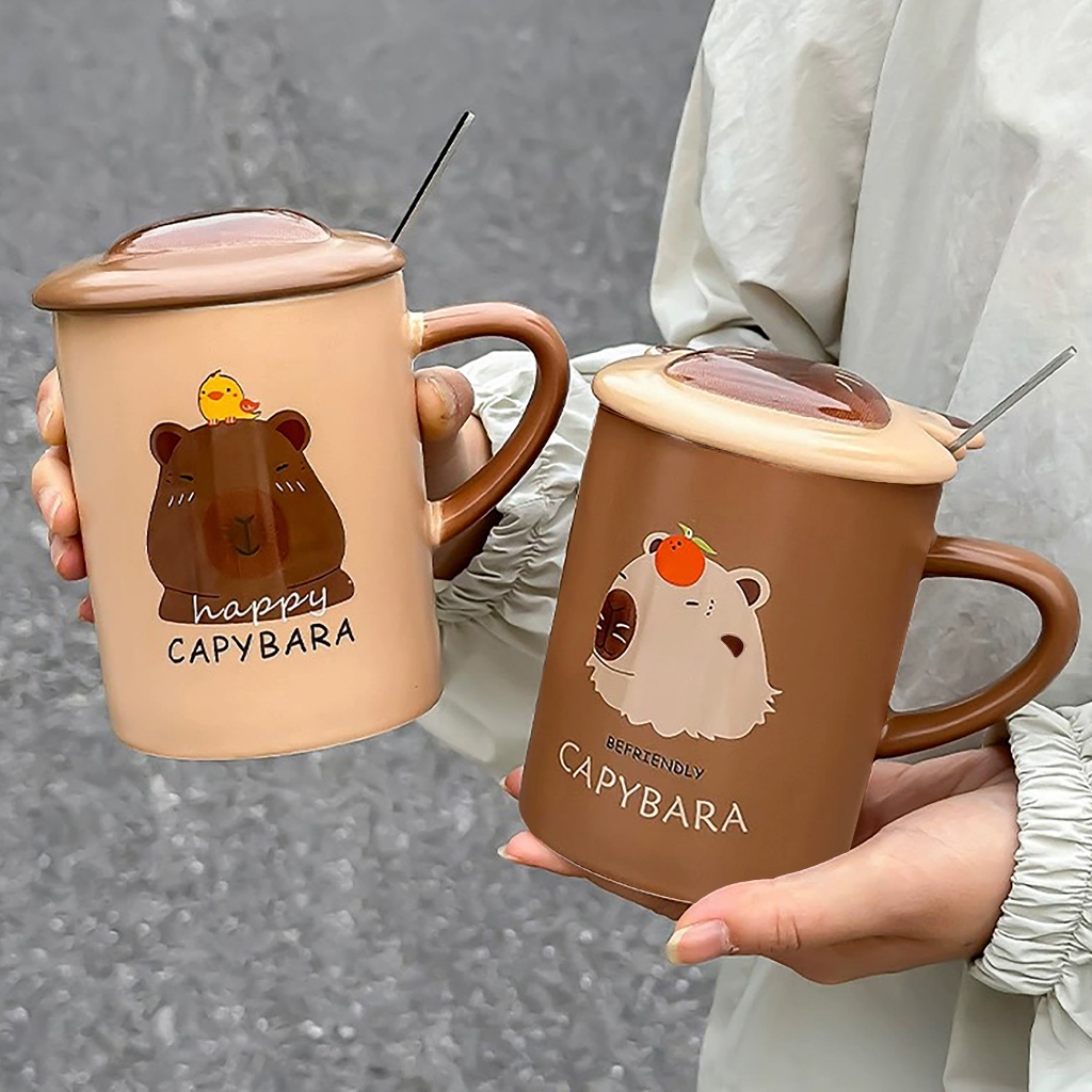 แก้ว CAPYBARA แก้วกาแฟ/แก้วน้ำ เซรามิกทนความร้อน มีช้อนและฝาปิด