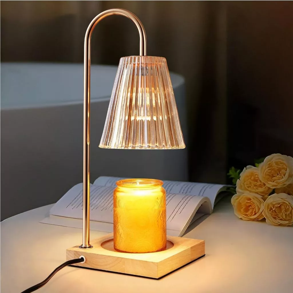 [แพคเกจกล่องของขวัญ] โคมไฟอุ่นเทียน Candle Warmer ตั้งเวลา หรี่แสง ขาไม้, โป๊ะโคมแก้ว พร้อมหลอดไฟฟรี 1 หลอด