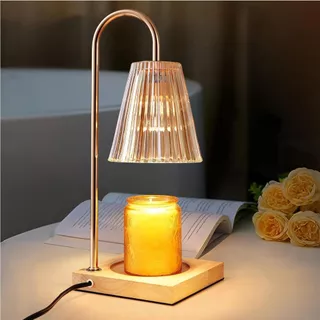 [แพคเกจกล่องของขวัญ] โคมไฟอุ่นเทียน Candle Warmer ตั้งเวลา หรี่แสง ขาไม้, โป๊ะโคมแก้ว พร้อมหลอดไฟฟรี 1 หลอด
