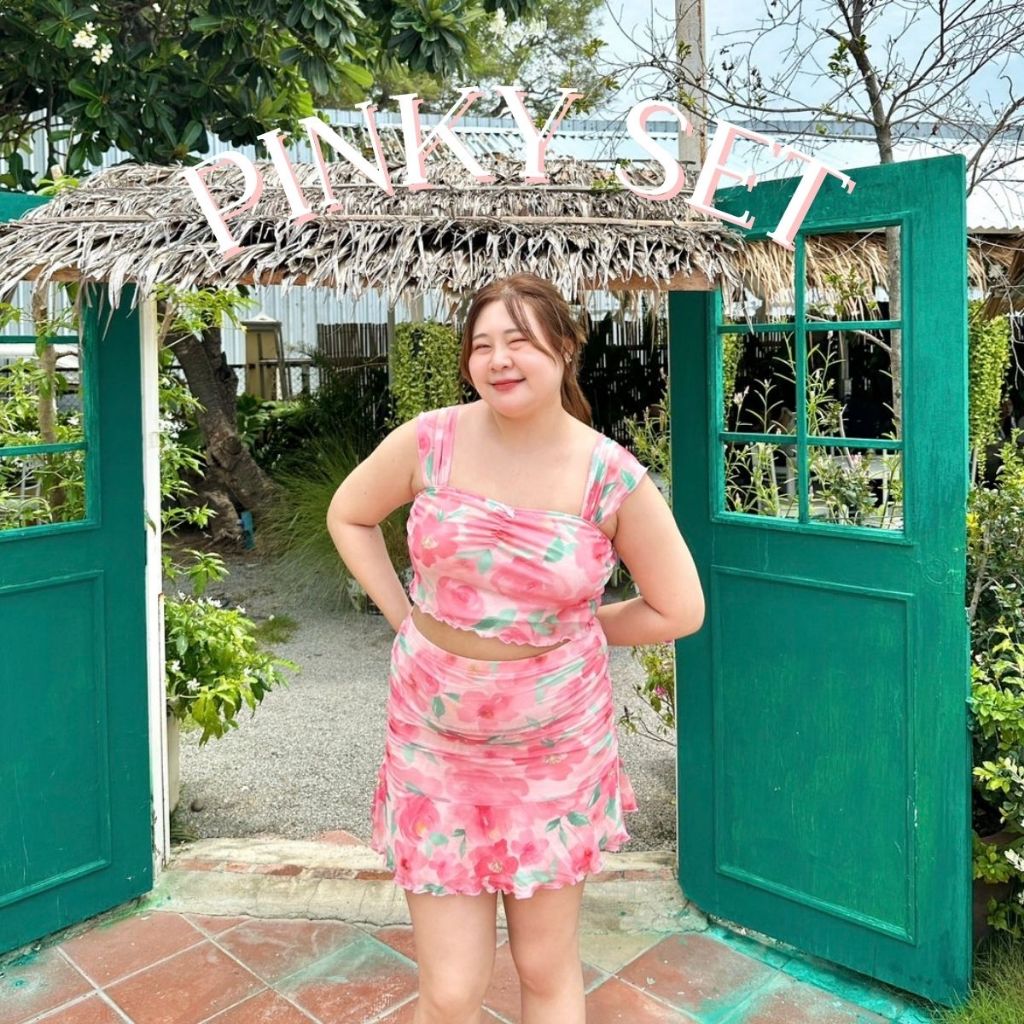 Pinky Set ชุดเซ็ตสาวอวบแยก 2 ชิ้น ผ้ายืดนิ่มลายดอกไม้สีชมพูพาสเทลมีซับในทั้งชุด