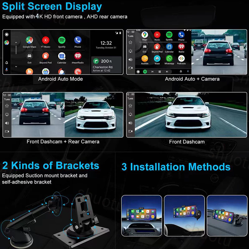 4K กล้องติดรถยนต์+กล้องหลังฟรี 10.26นิ้ว TouchScreen DVR WIFI บลูทู ธ เสียงควบคุมฟังก์ชั่น Android Auto carplay Dash Cam thumbnail 8