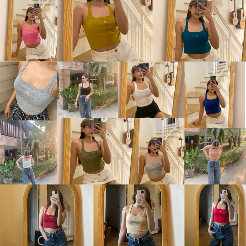 muchher.th : sandie top short (ครอปสั้น) เสื้อกล้ามสีพื้น ทรงเบสิค ปักอกโลโก้ร้าน