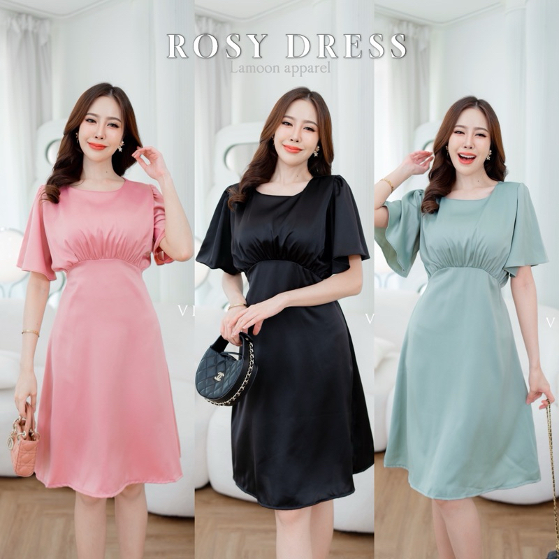 Rosy dress เดรสออกงาน เดรสแฟชั่น งานแต่งโค้งย่นอกผ้าซาติน ป้าย vera