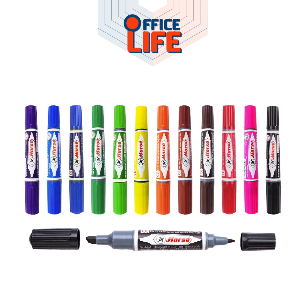 HORSE (ตราม้า) ปากกาเคมี มาร์กเกอร์ 2 หัว Twin-Pen Marker มีให้เลือก 12 สี กันน้ำ ( 1 ด้าม )