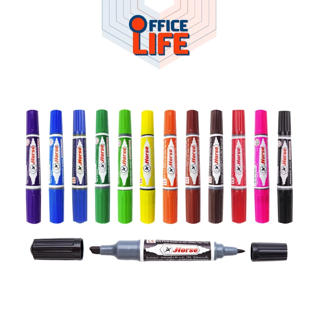 HORSE (ตราม้า) ปากกาเคมี มาร์กเกอร์ 2 หัว Twin-Pen Marker มีให้เลือก 12 สี กันน้ำ ( 1 ด้าม )