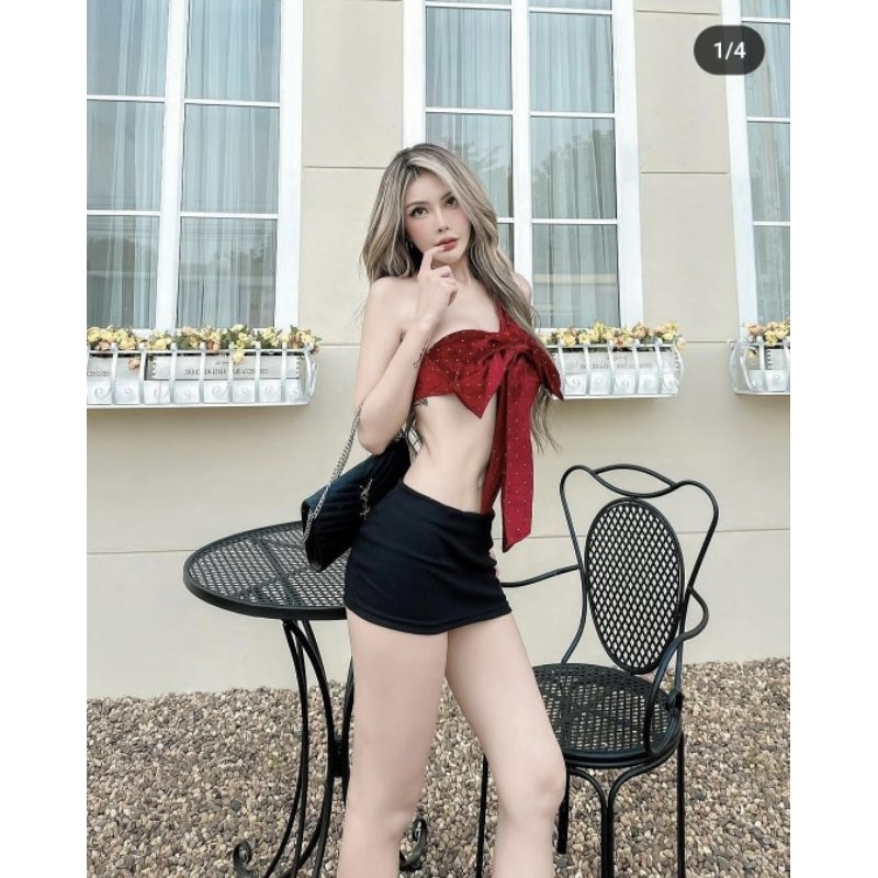 Bodysuitกำมะหยี่ติดเพชร ผูกโบว์ใหญ่เวอร์เอวคอดแบบสับๆไปเลย แบรนด์ Hypehousebkk