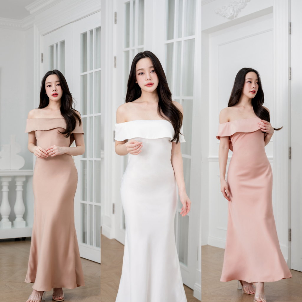 Pirunya - Long Dress 17 เดรสยาว ปาดไหล่ ติดโบว์หลัง กระโปรงหางปลา