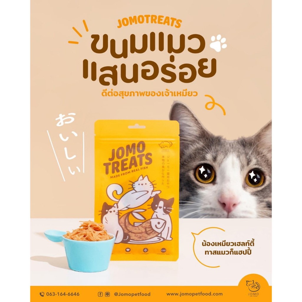 ขนมแมว JOMO Treats มินิแซลมอนและปลาเนื้อขาวสไลด์ ขนาด 25 กรัม 3 ซอง