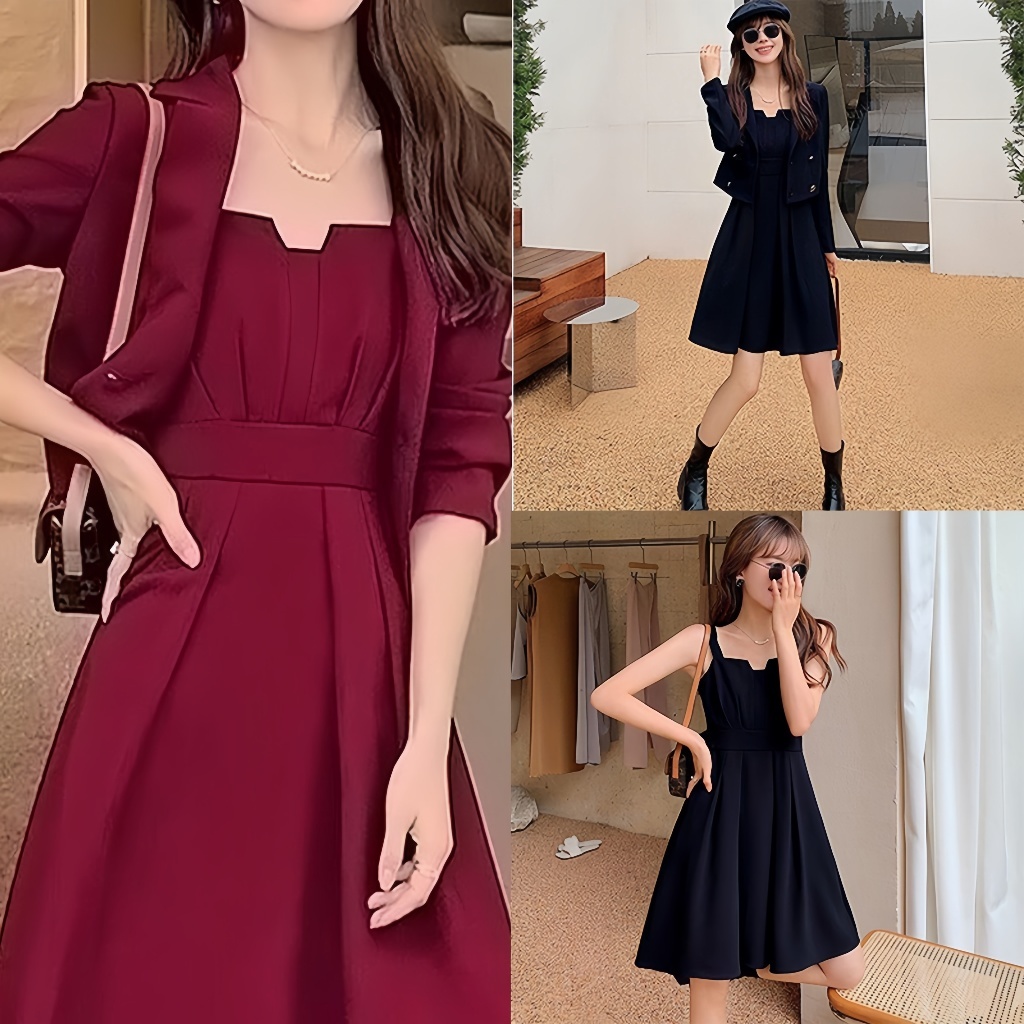 🔥พร้อมส่ง🔥ชุดเซตสองชิ้น เสื้อคลุม + เดรสสายเดี่ยว เอวสูง กระชับสัดส่วน เดรสออกงาน สำหรับสาวอวบ พลัสไซซ์