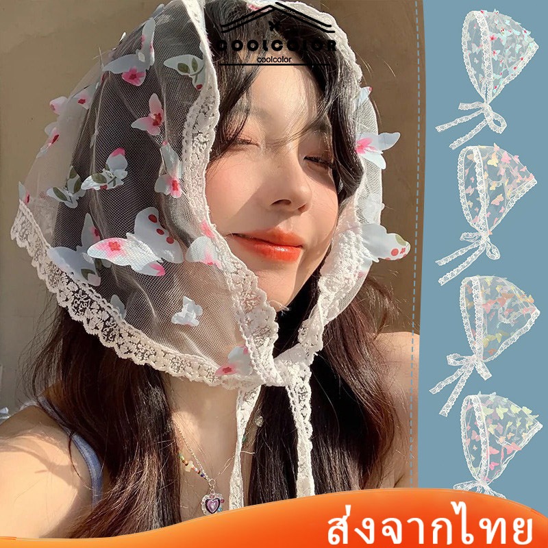 ในไทย💖ผ้าโพกหัวผ้าพันคอขอบลูกไม้ผีเสื้อไล่โทนสีมีสีสันสามเหลีInsเครื่องประดับผม แฟชั่นใหม่สําหรับผู้หญิง