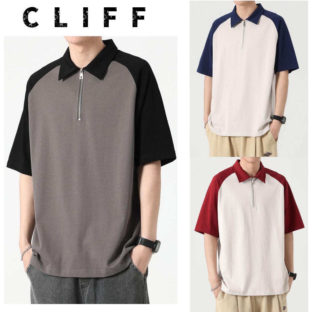 CLIFF ผู้ชายซิป POLO ด้านบนสไตล์สบาย ๆ แฟชั่นแขนสั้น
