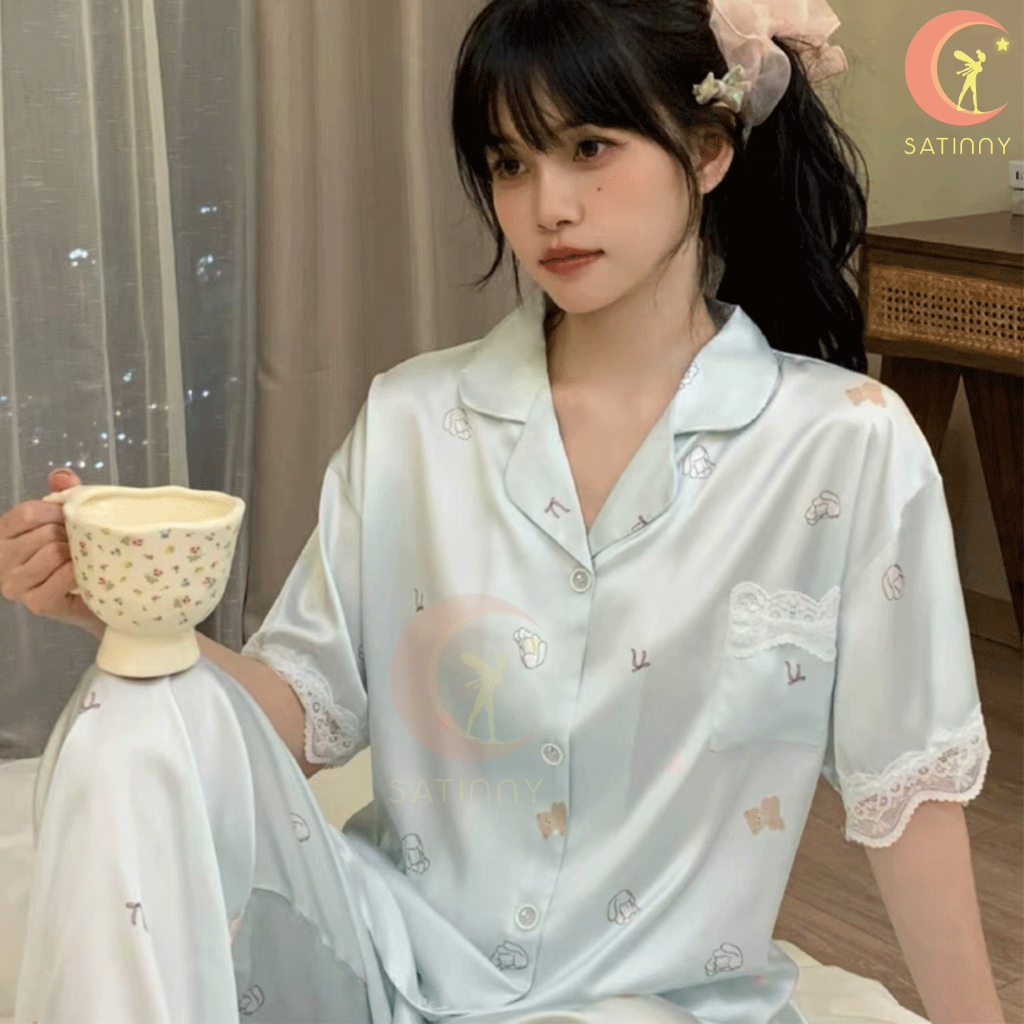 ชุดนอนSatinny แขนสั้น+ขายาวAA5แฟชั่นสําหรับผู้หญิง เรียบหรู เนื้อผ้าดี น่ารักมินิมอล งานสวย เจ้าหญิงใส่ระบายอากาศแฟชั่น - รูปที่ 6