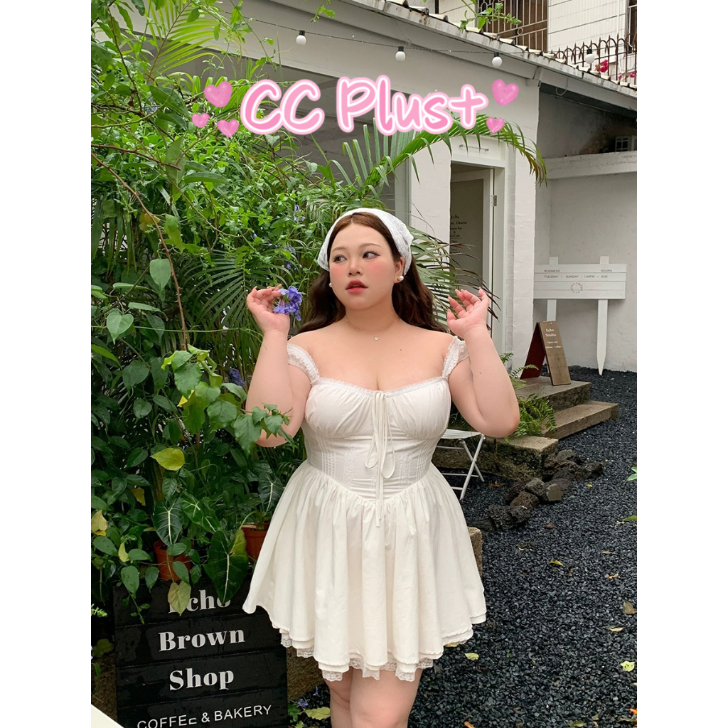 CiCi Plus+(3290)มินิเดรสสายเดี่ยว สม็อคหลัง คอเหลี่ยม ผูกเชือกด้านหน้า สไตล์ฝรั่งเศษ สาวอวบพลัสไซส์