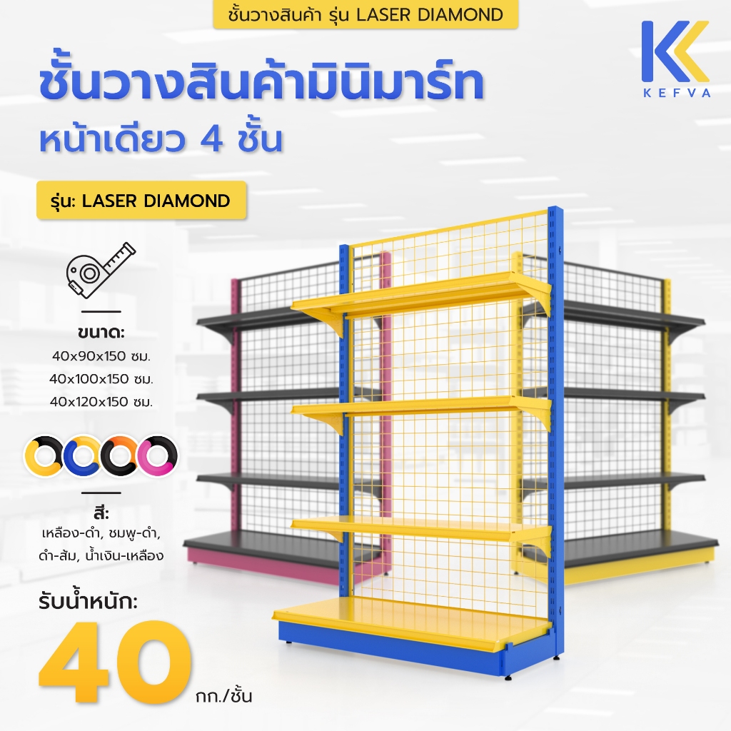 KEFVA ชั้นวางสินค้า สีพิเศษ 4ชั้น หลังตาข่าย หน้าเดียว 150cm รุ่น Laser Diamond 40kg (ฟรี! กันตก+กัน