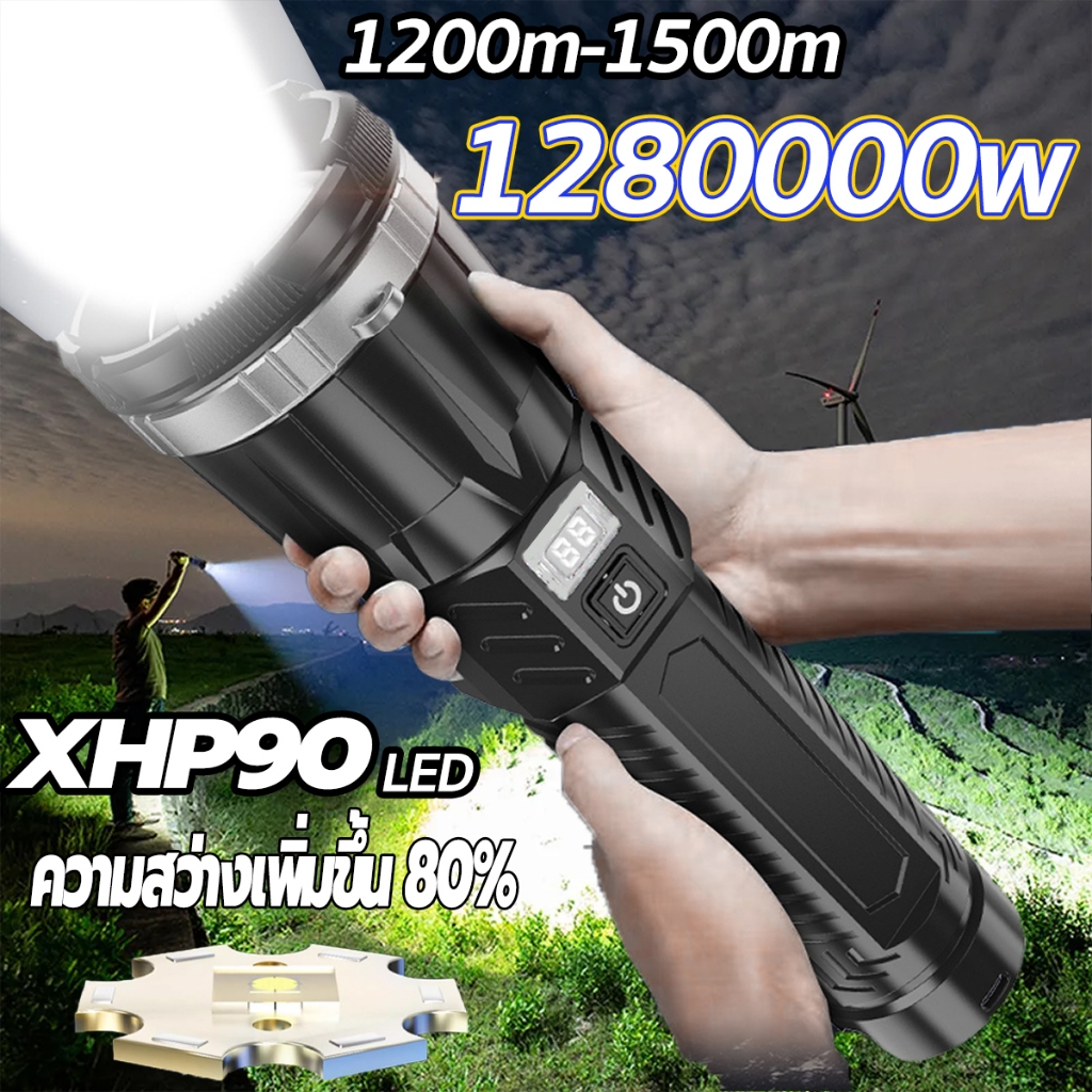 ไฟฉายแรงสูง 1280000W แท้ ซูมได้ ไฟฉายสว่างมากๆ ไฟฉาย led ชาร์จได้ ไฟฉายแบบชาร์จ 150000lmปรับแสงได้ 8 ระดับ ไฟฉายเดินป่า
