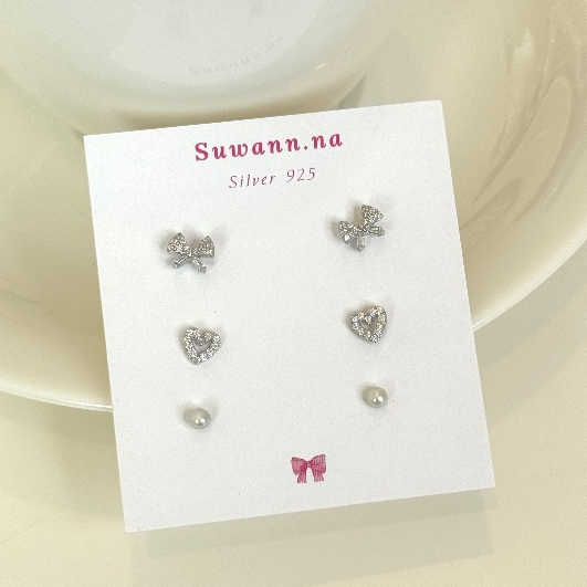 Suwann.na [ราคาต่อเซต] ต่างหู ต่างหูเงินแท้ เซตโบว์หัวใจมุก รูปที่ 4